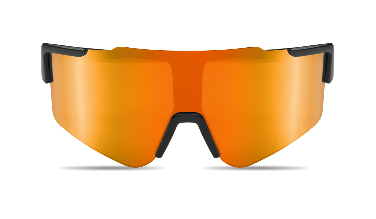 Sport-Sonnenbrille mit verspiegelten Gläsern und schwarzem Rahmen. UV400-Schutz.