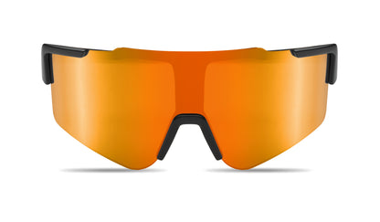 Sport-Sonnenbrille mit verspiegelten Gläsern und schwarzem Rahmen. UV400-Schutz.