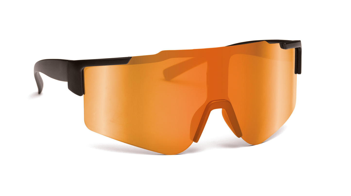Sport-Sonnenbrille mit verspiegelten Gläsern und schwarzem Rahmen. UV400-Schutz.