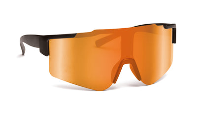 Sport-Sonnenbrille mit verspiegelten Gläsern und schwarzem Rahmen. UV400-Schutz.