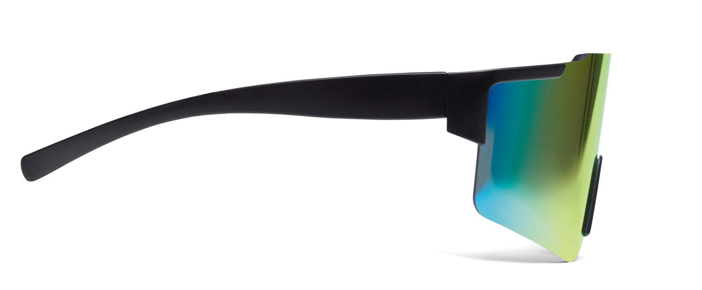 Sport-Sonnenbrille mit verspiegelten Gläsern und schwarzem Rahmen. UV400-Schutz.