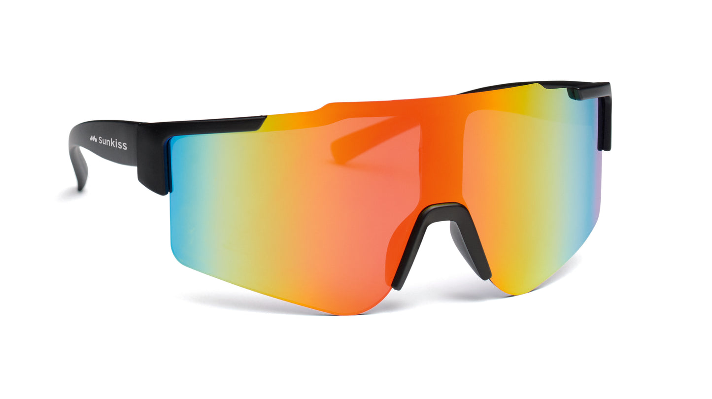 Sport-Sonnenbrille mit verspiegelten Gläsern und schwarzem Rahmen. UV400-Schutz.