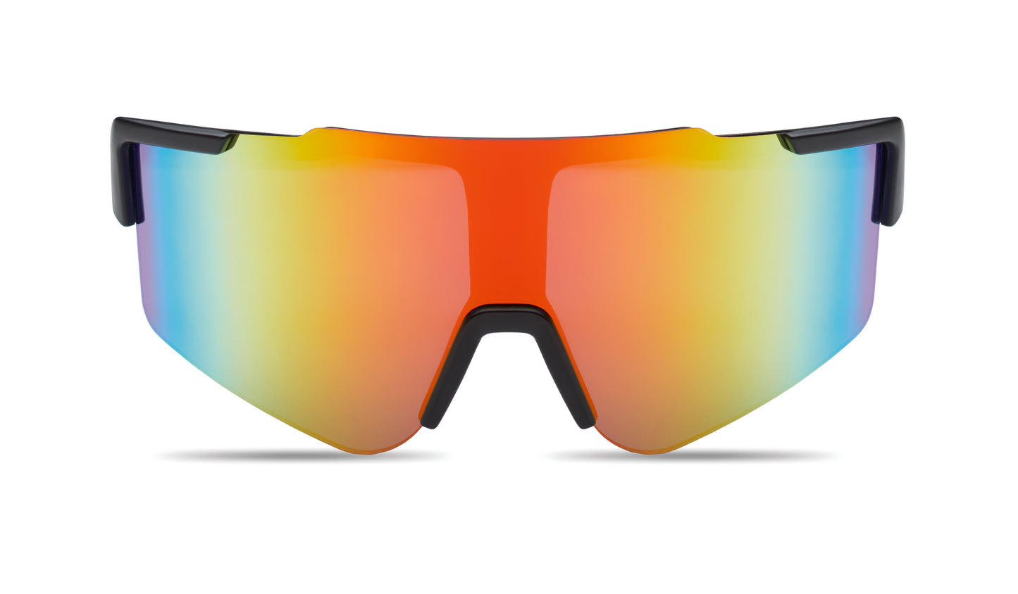 Sport-Sonnenbrille mit verspiegelten Gläsern und schwarzem Rahmen. UV400-Schutz.