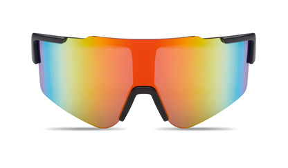 Sport-Sonnenbrille mit verspiegelten Gläsern und schwarzem Rahmen. UV400-Schutz.