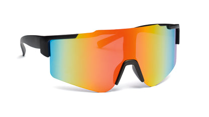Sport-Sonnenbrille mit verspiegelten Gläsern und schwarzem Rahmen. UV400-Schutz.