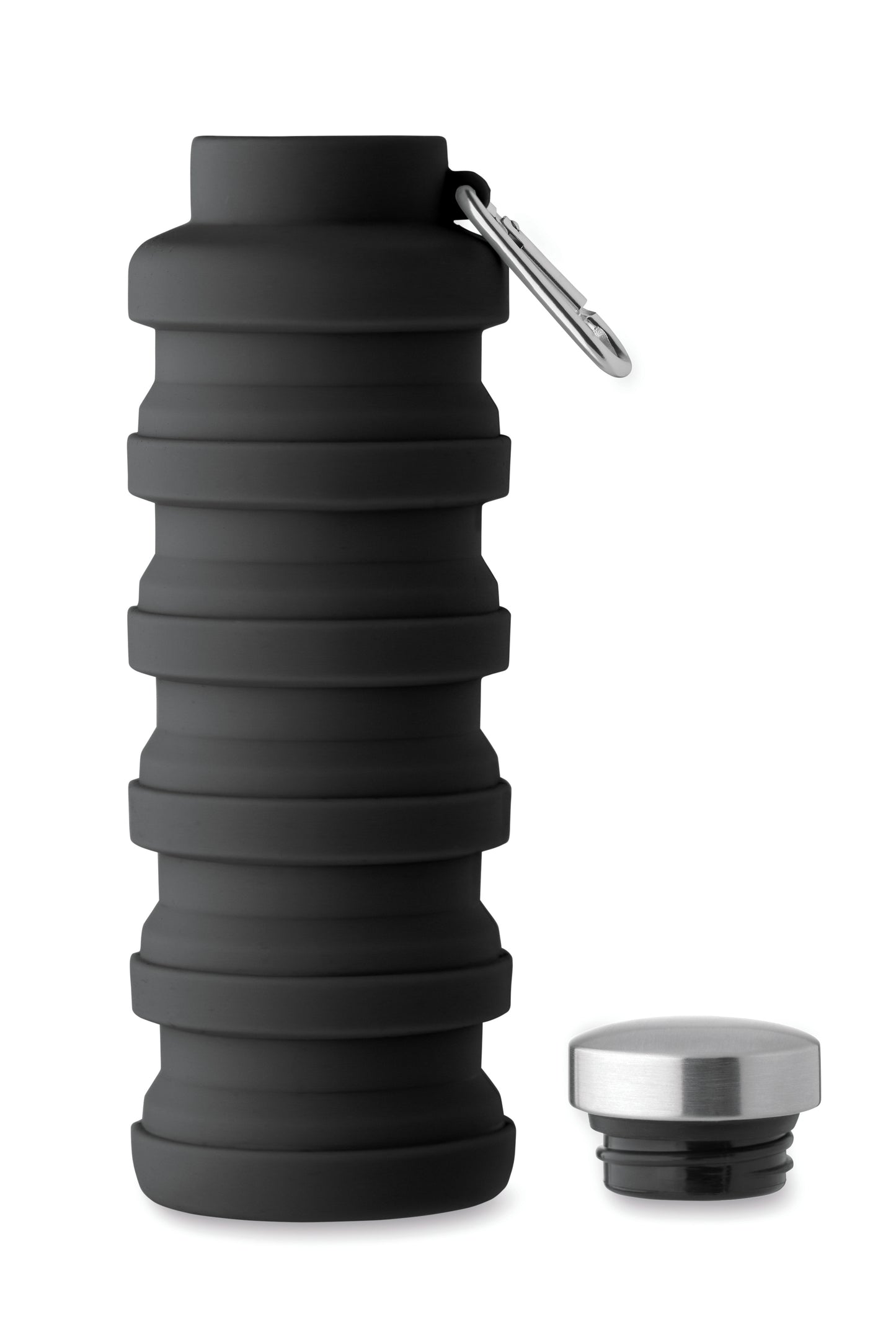 Faltbare Flasche aus Silikon. Verschluss aus Edelstahl und Karabiner aus Aluminium. Der