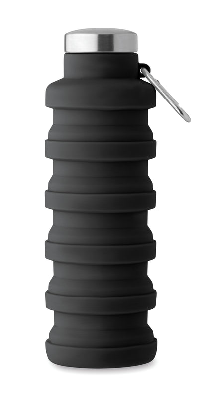 Faltbare Flasche aus Silikon. Verschluss aus Edelstahl und Karabiner aus Aluminium. Der
