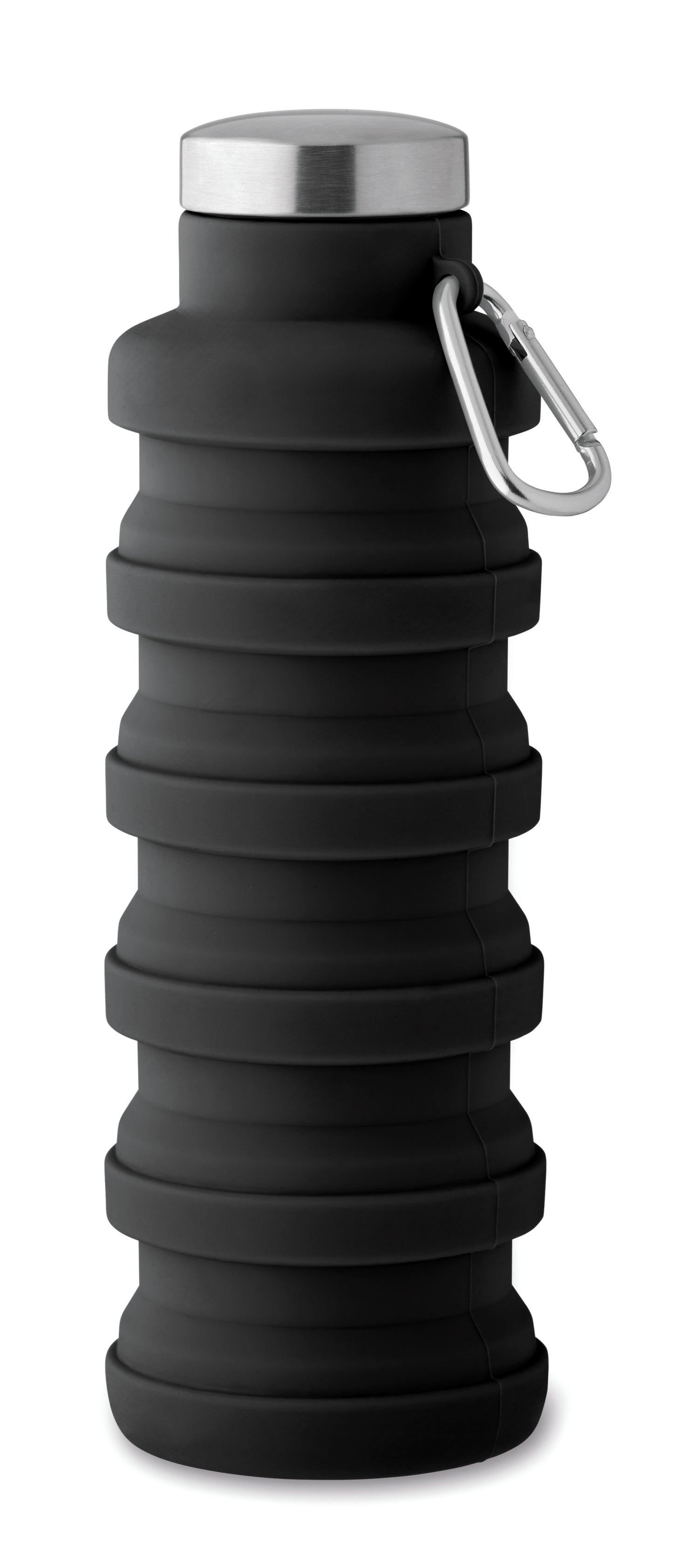 Faltbare Flasche aus Silikon. Verschluss aus Edelstahl und Karabiner aus Aluminium. Der