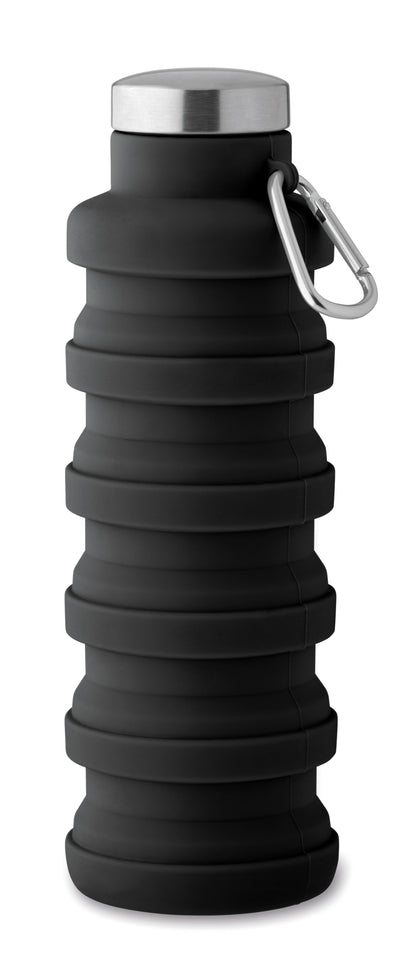 Faltbare Flasche aus Silikon. Verschluss aus Edelstahl und Karabiner aus Aluminium. Der