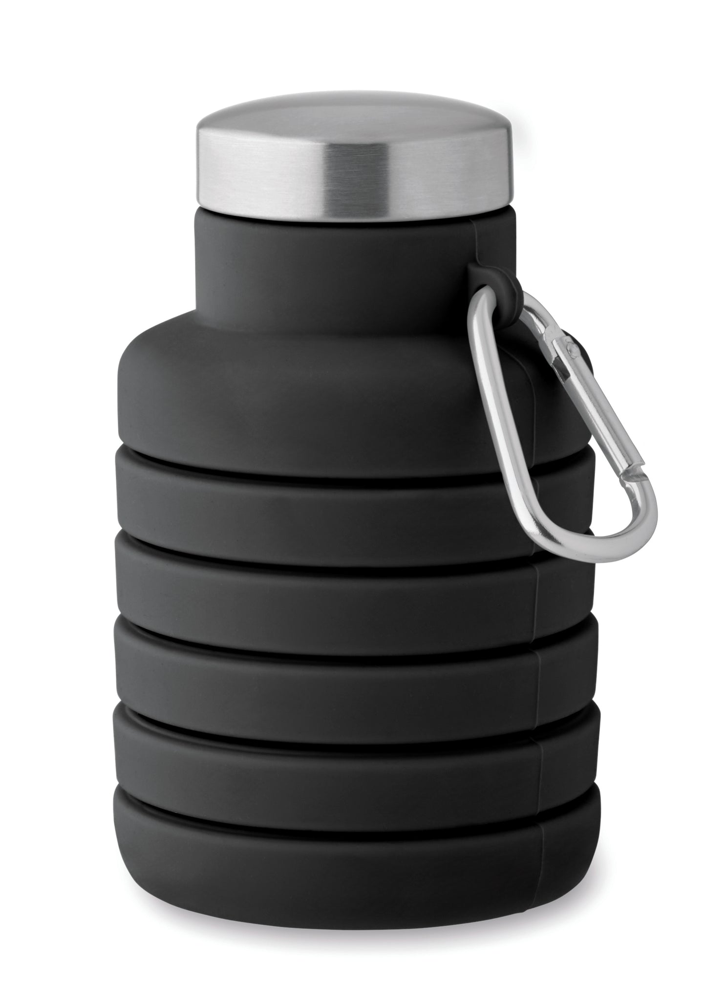 Faltbare Flasche aus Silikon. Verschluss aus Edelstahl und Karabiner aus Aluminium. Der