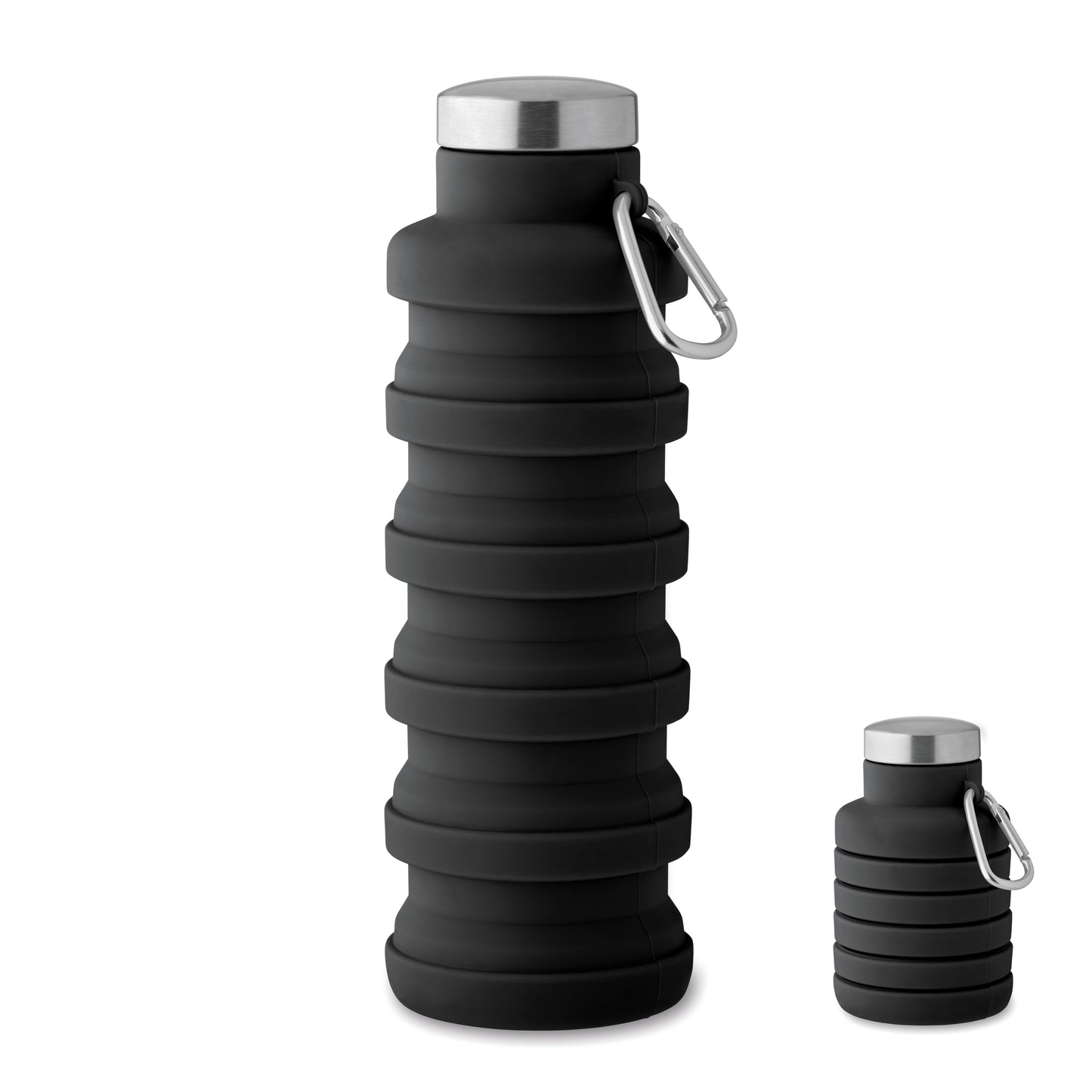 Faltbare Flasche aus Silikon. Verschluss aus Edelstahl und Karabiner aus Aluminium. Der