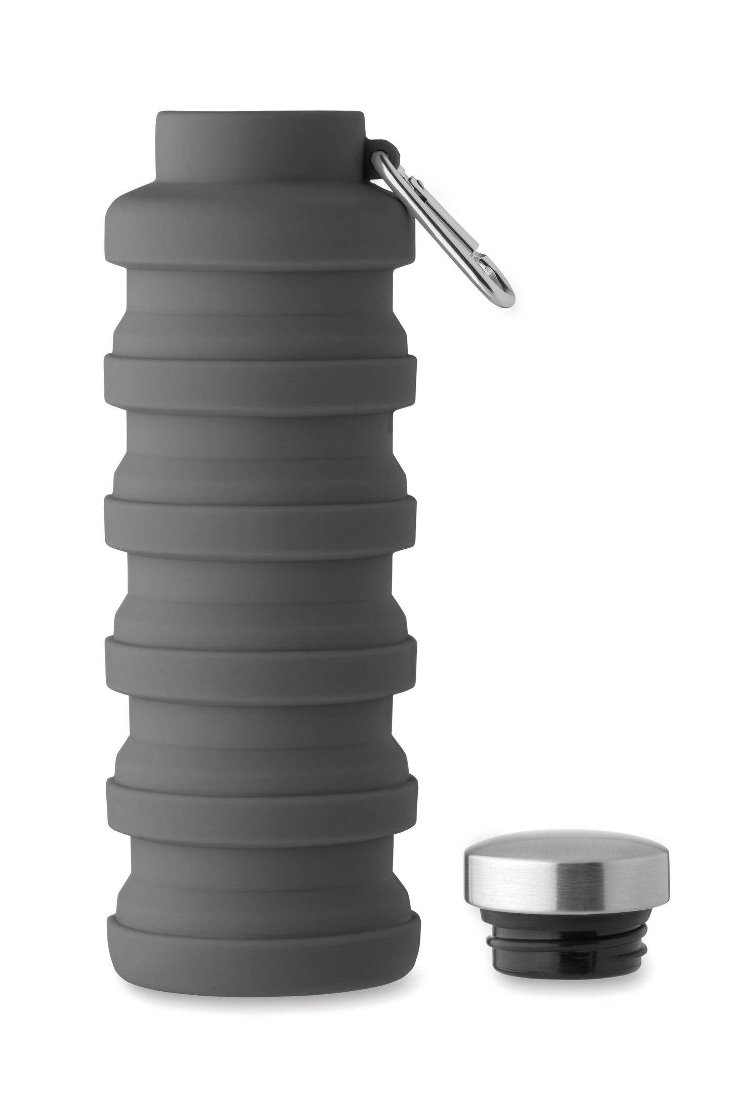 Faltbare Flasche aus Silikon. Verschluss aus Edelstahl und Karabiner aus Aluminium. Der