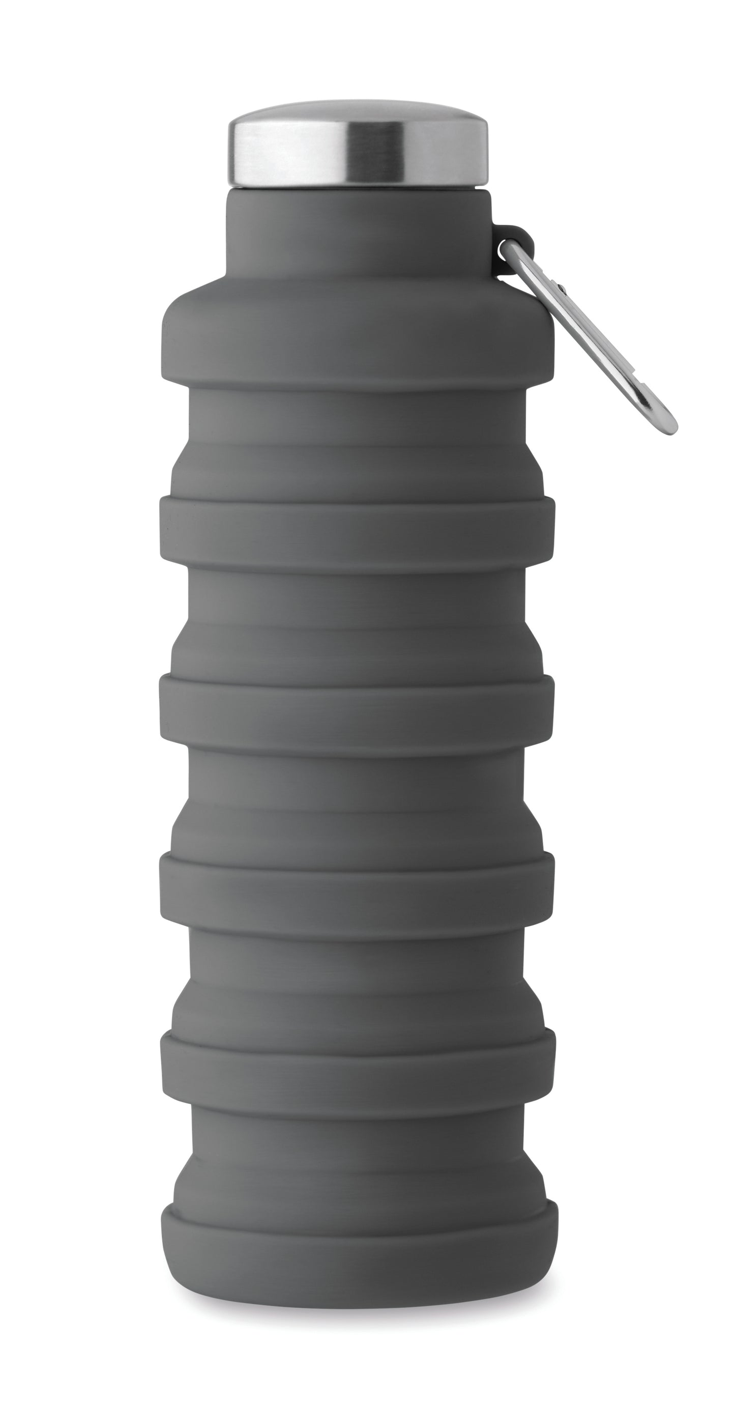 Faltbare Flasche aus Silikon. Verschluss aus Edelstahl und Karabiner aus Aluminium. Der