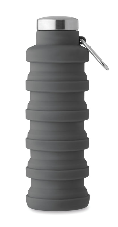 Faltbare Flasche aus Silikon. Verschluss aus Edelstahl und Karabiner aus Aluminium. Der