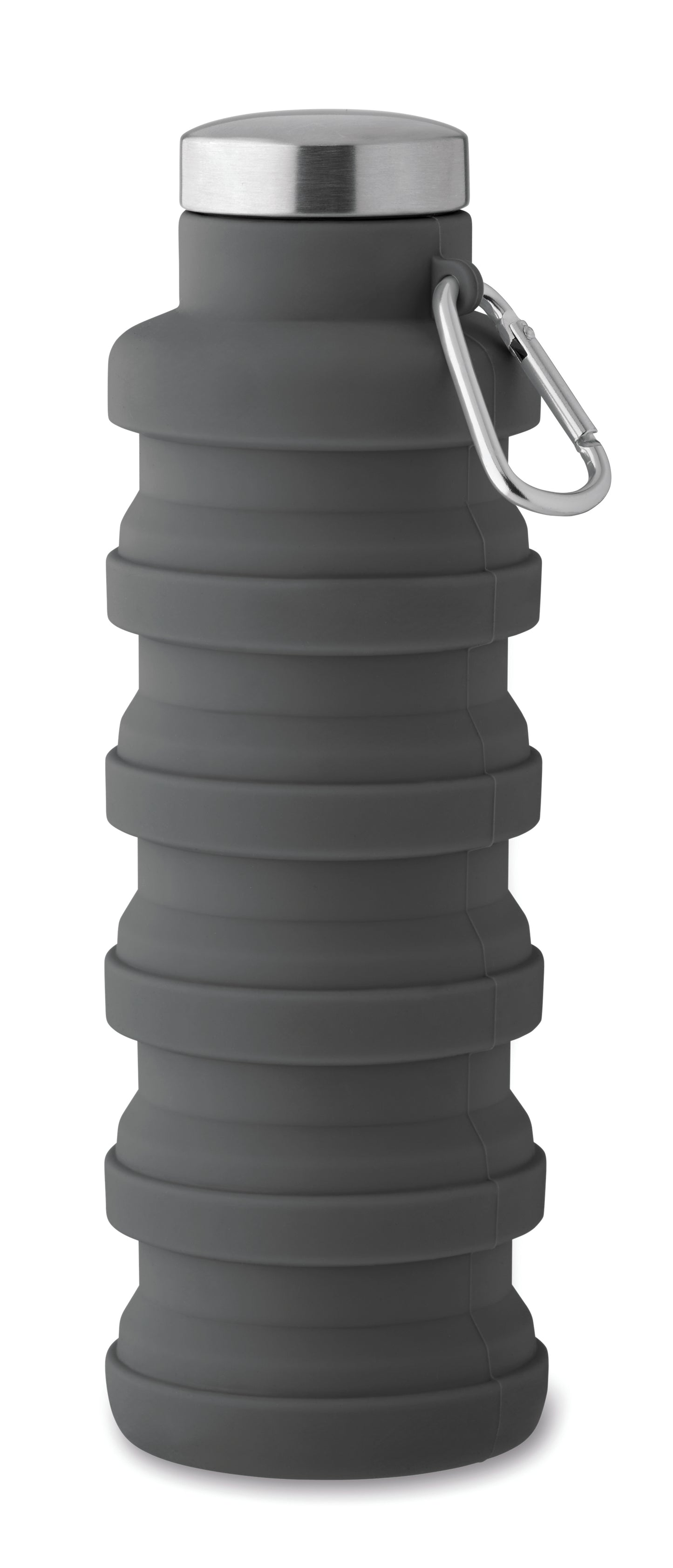 Faltbare Flasche aus Silikon. Verschluss aus Edelstahl und Karabiner aus Aluminium. Der
