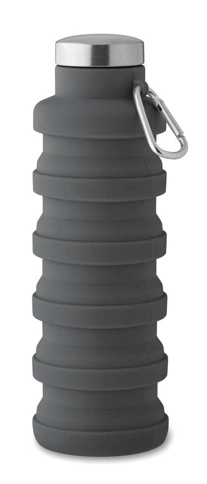 Faltbare Flasche aus Silikon. Verschluss aus Edelstahl und Karabiner aus Aluminium. Der