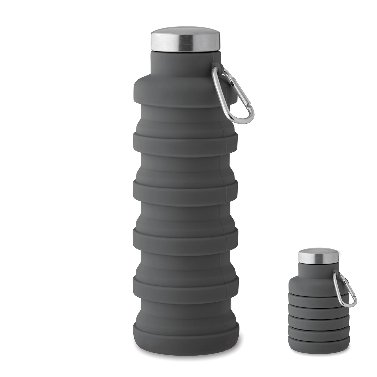 Faltbare Flasche aus Silikon. Verschluss aus Edelstahl und Karabiner aus Aluminium. Der