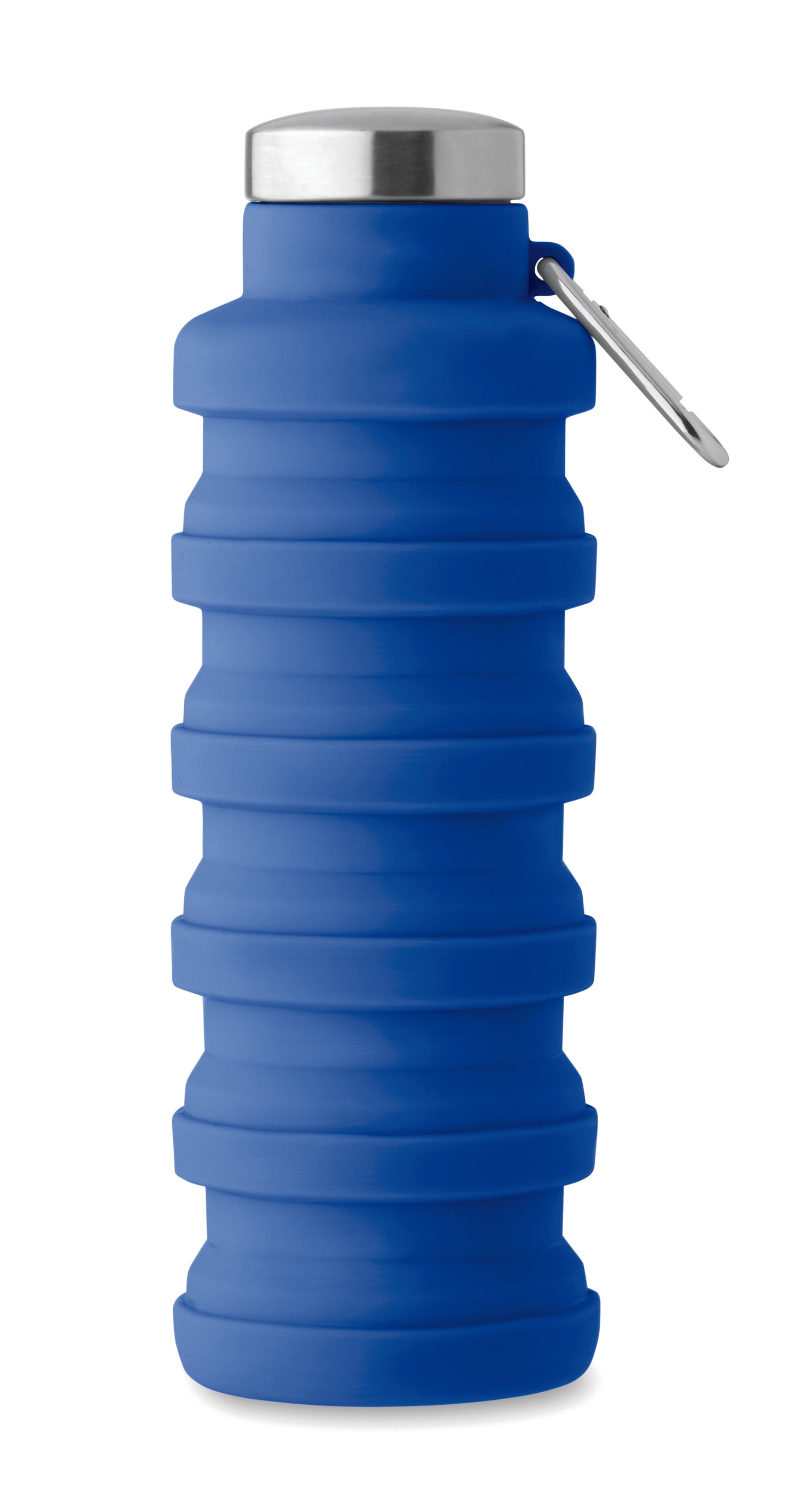Faltbare Flasche aus Silikon. Verschluss aus Edelstahl und Karabiner aus Aluminium. Der