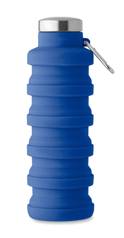 Faltbare Flasche aus Silikon. Verschluss aus Edelstahl und Karabiner aus Aluminium. Der