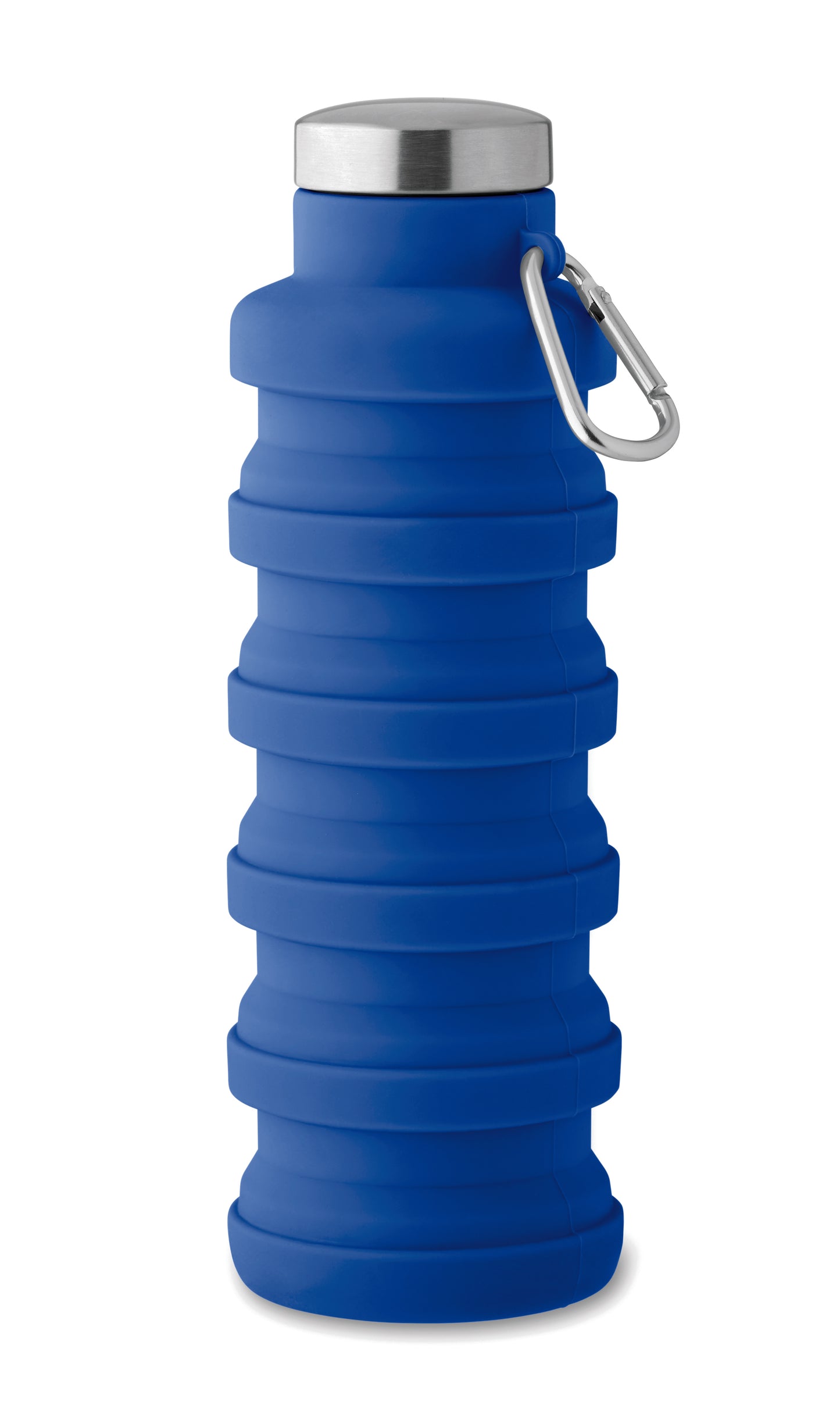Faltbare Flasche aus Silikon. Verschluss aus Edelstahl und Karabiner aus Aluminium. Der