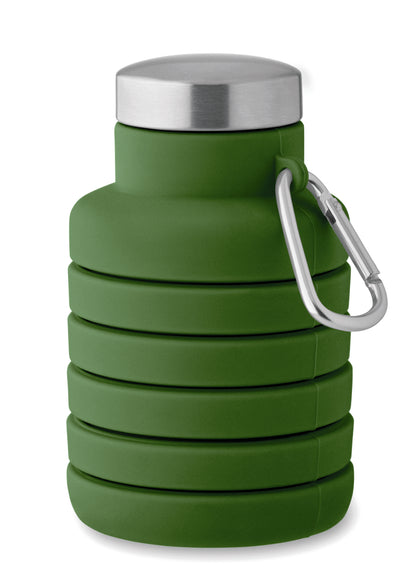 Faltbare Flasche aus Silikon. Verschluss aus Edelstahl und Karabiner aus Aluminium. Der