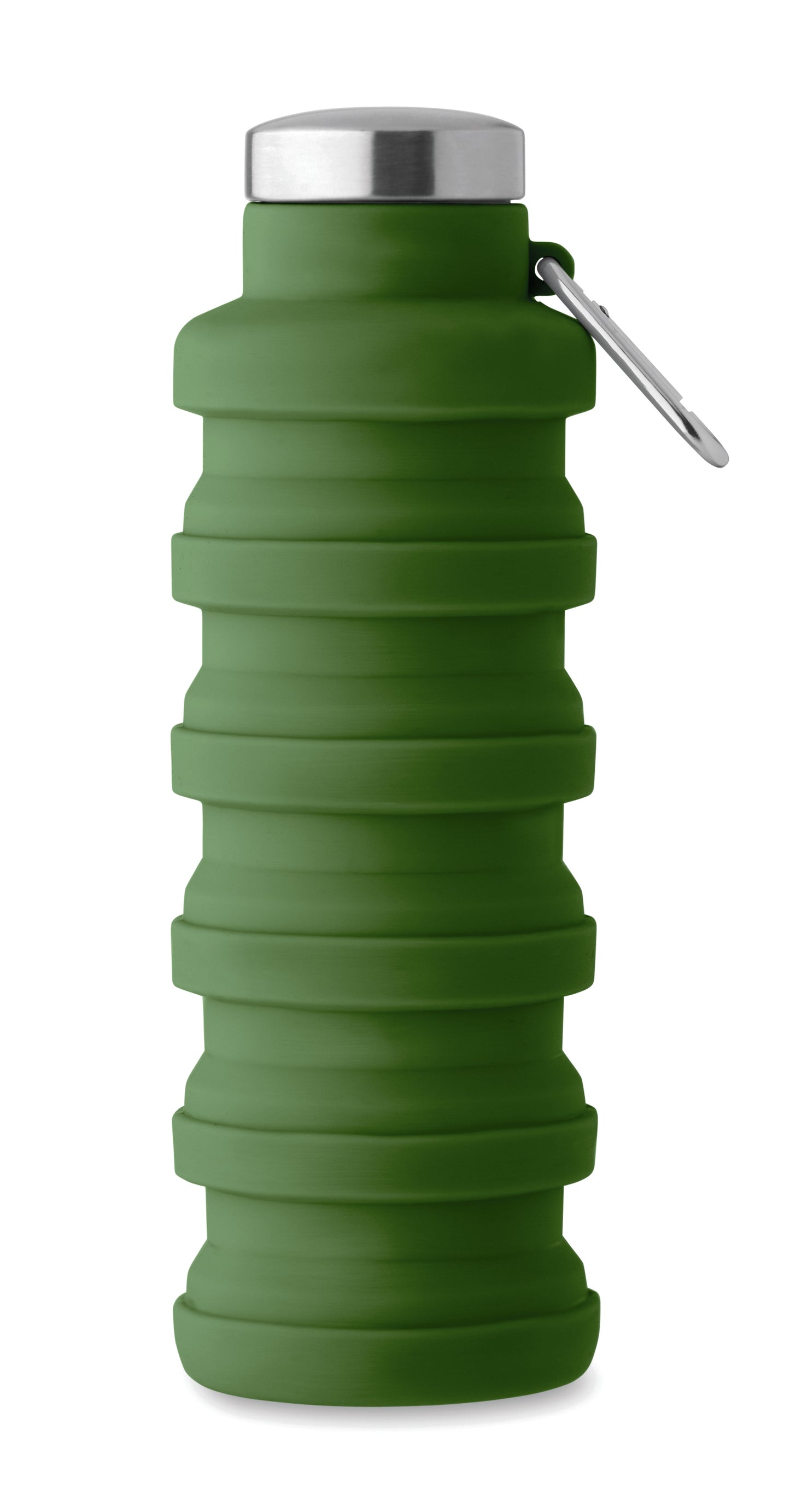 Faltbare Flasche aus Silikon. Verschluss aus Edelstahl und Karabiner aus Aluminium. Der