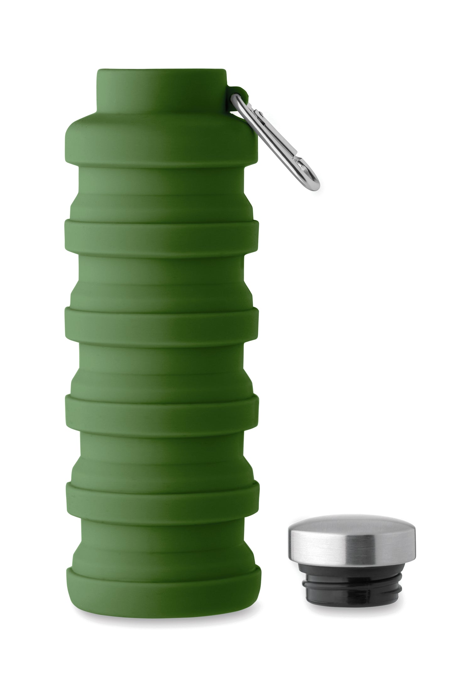 Faltbare Flasche aus Silikon. Verschluss aus Edelstahl und Karabiner aus Aluminium. Der