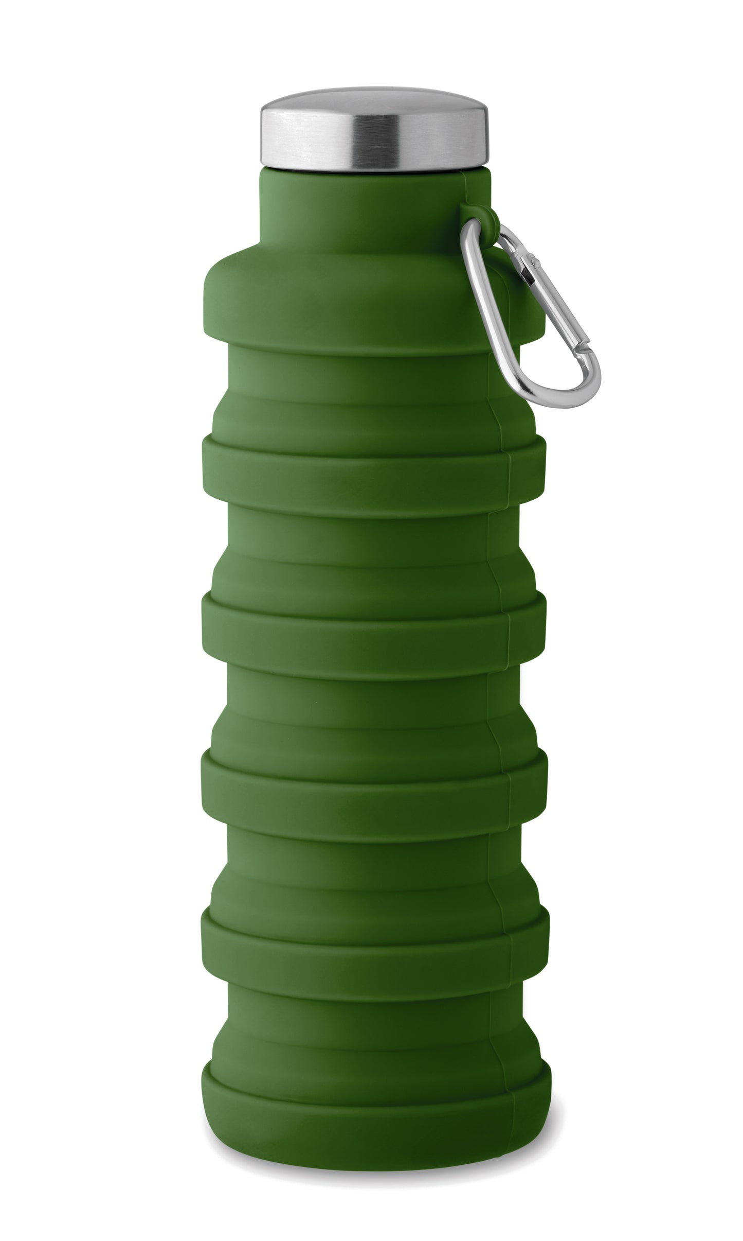 Faltbare Flasche aus Silikon. Verschluss aus Edelstahl und Karabiner aus Aluminium. Der