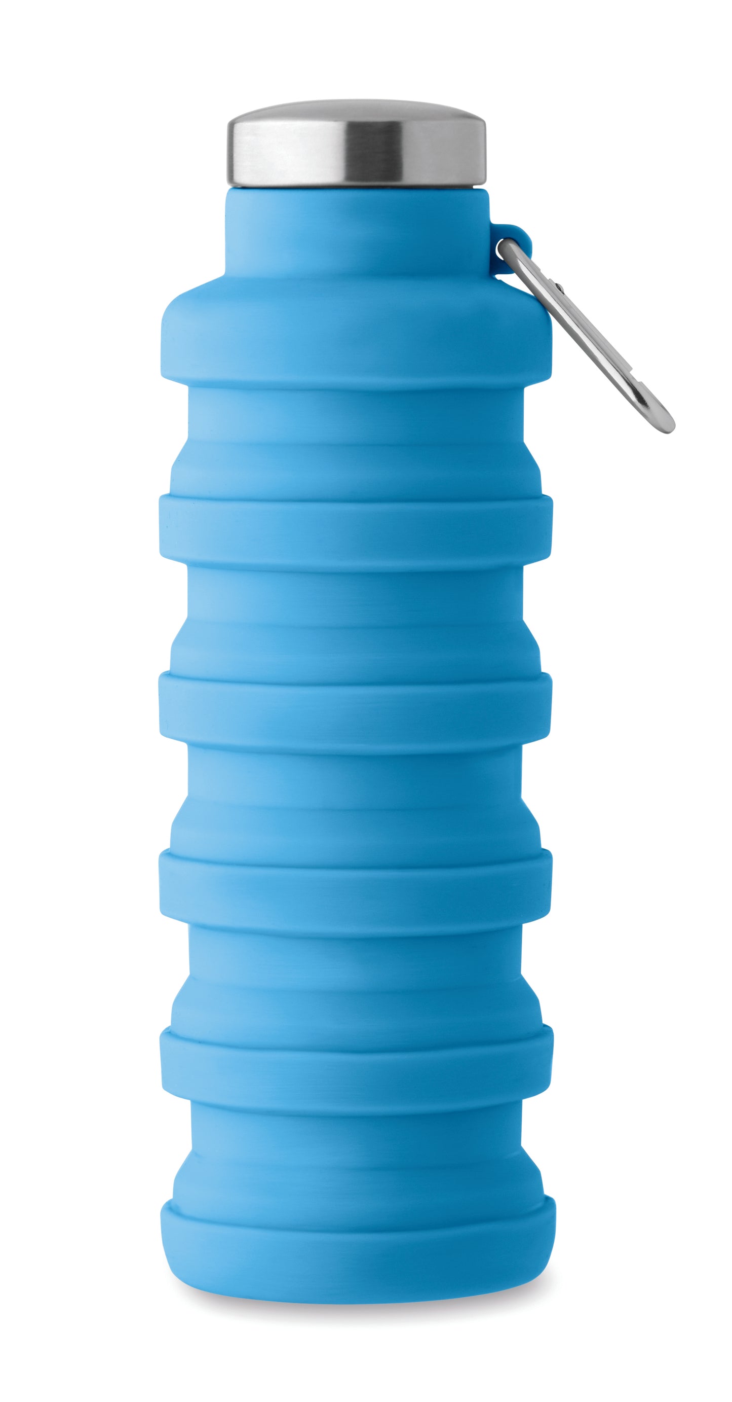 Faltbare Flasche aus Silikon. Verschluss aus Edelstahl und Karabiner aus Aluminium. Der