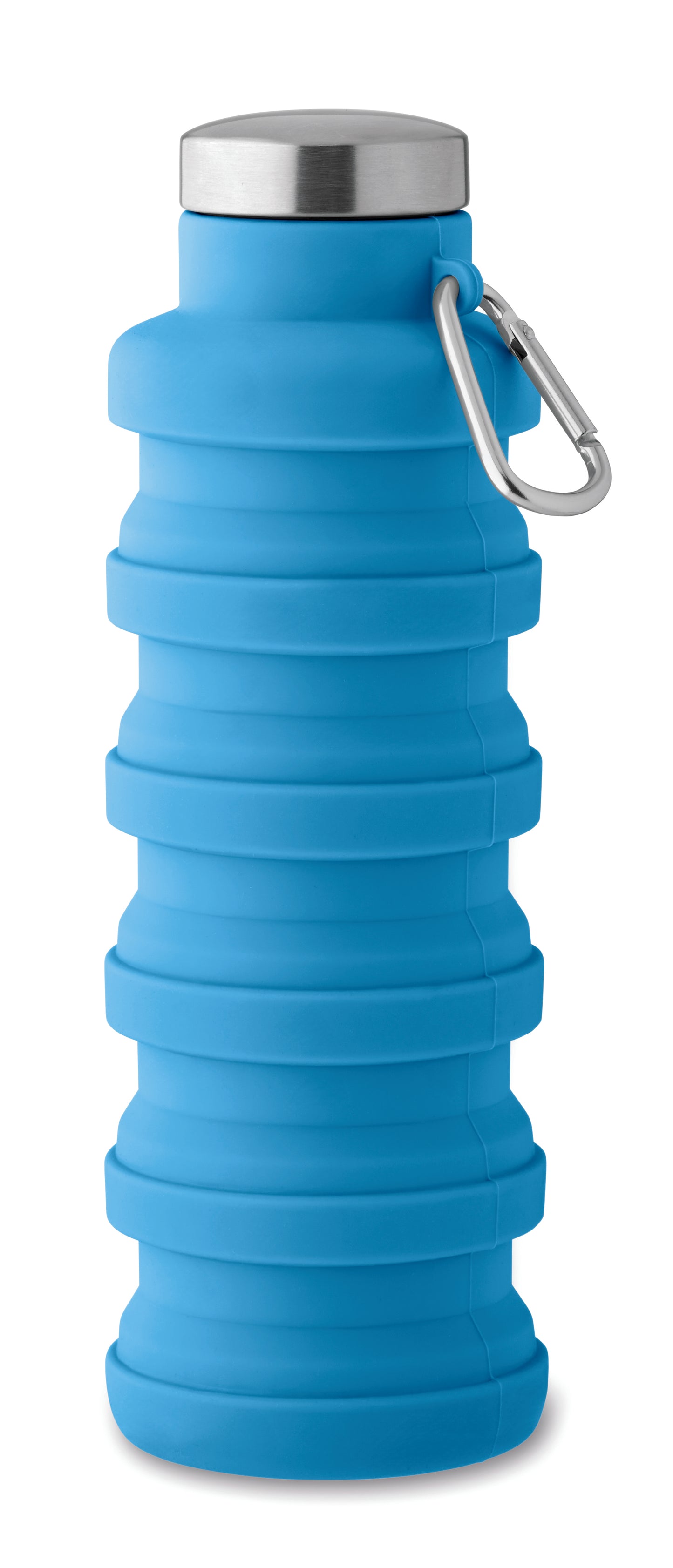 Faltbare Flasche aus Silikon. Verschluss aus Edelstahl und Karabiner aus Aluminium. Der