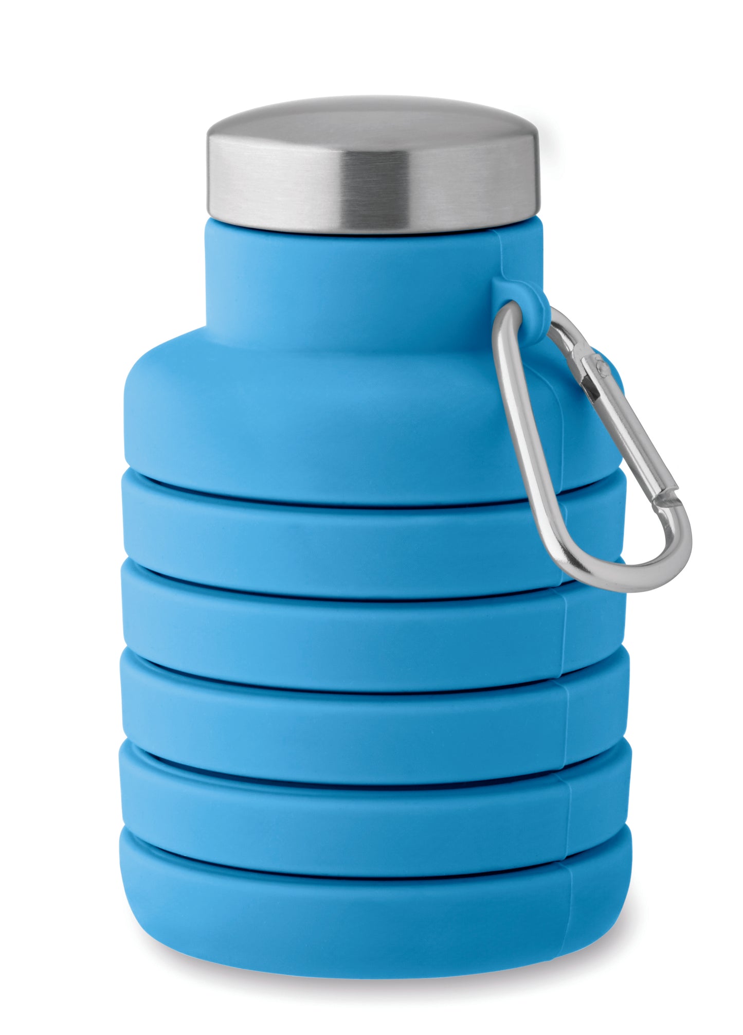 Faltbare Flasche aus Silikon. Verschluss aus Edelstahl und Karabiner aus Aluminium. Der