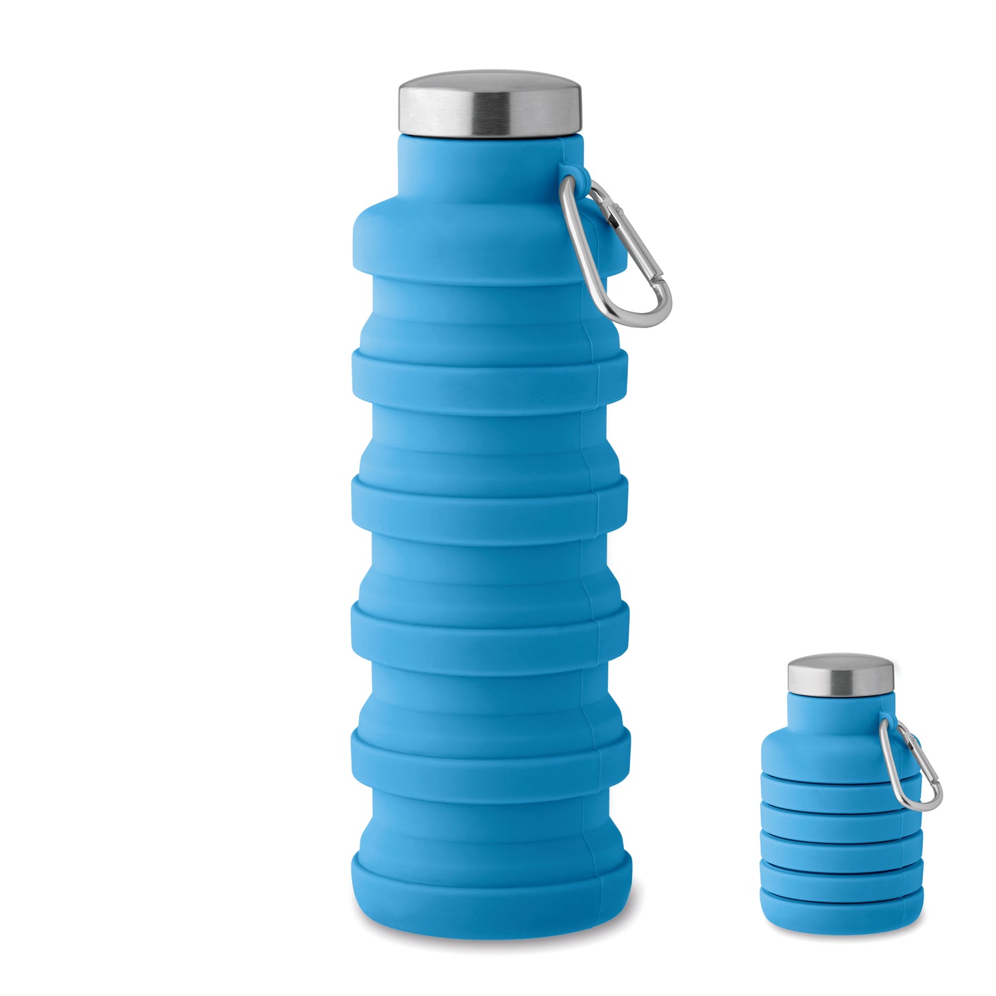 Faltbare Flasche aus Silikon. Verschluss aus Edelstahl und Karabiner aus Aluminium. Der