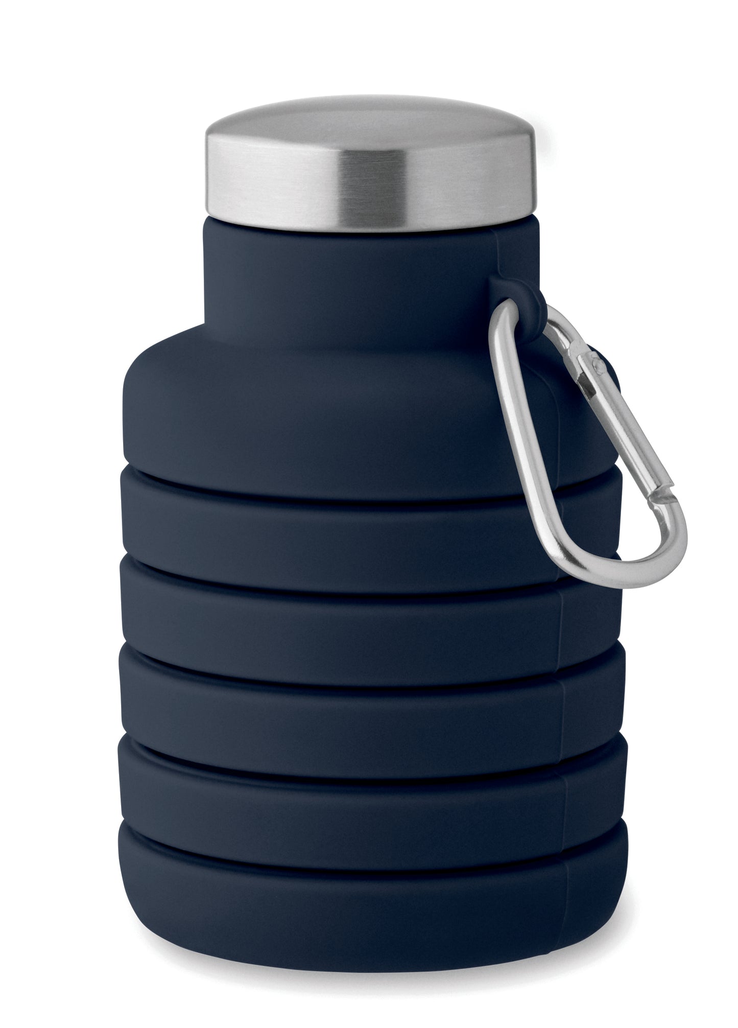 Faltbare Flasche aus Silikon. Verschluss aus Edelstahl und Karabiner aus Aluminium. Der
