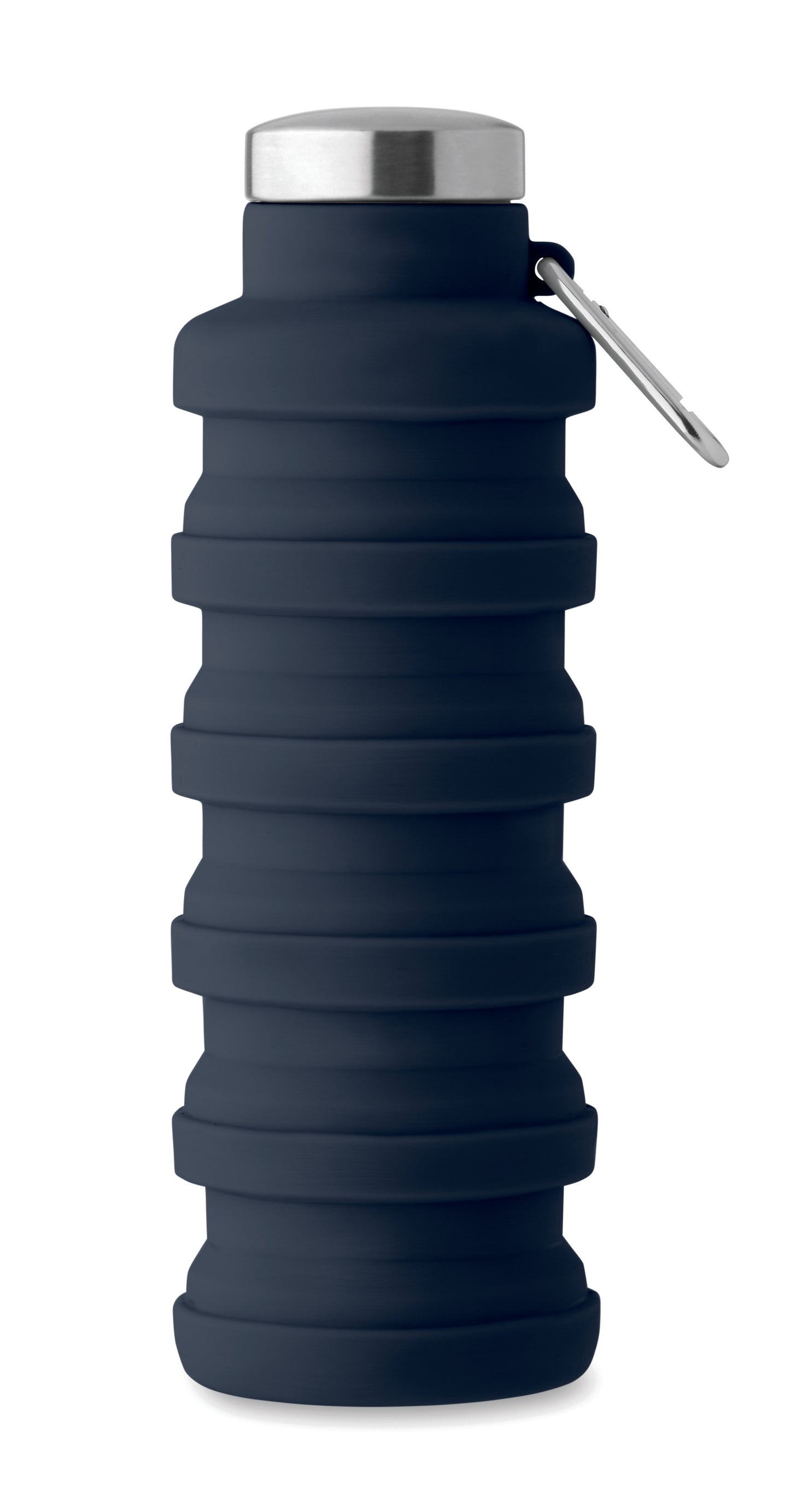 Faltbare Flasche aus Silikon. Verschluss aus Edelstahl und Karabiner aus Aluminium. Der