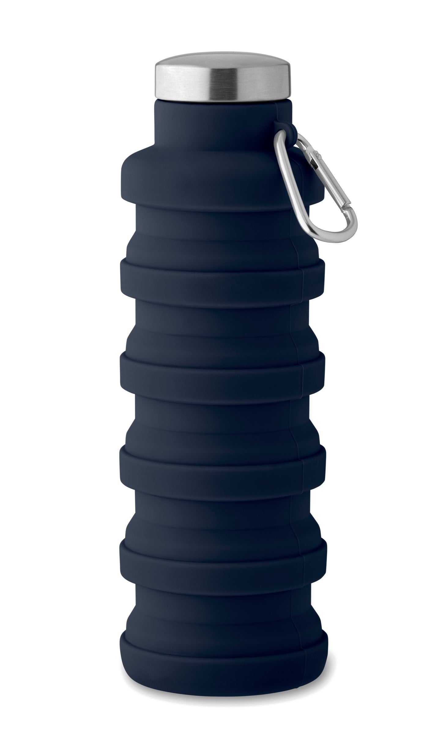 Faltbare Flasche aus Silikon. Verschluss aus Edelstahl und Karabiner aus Aluminium. Der