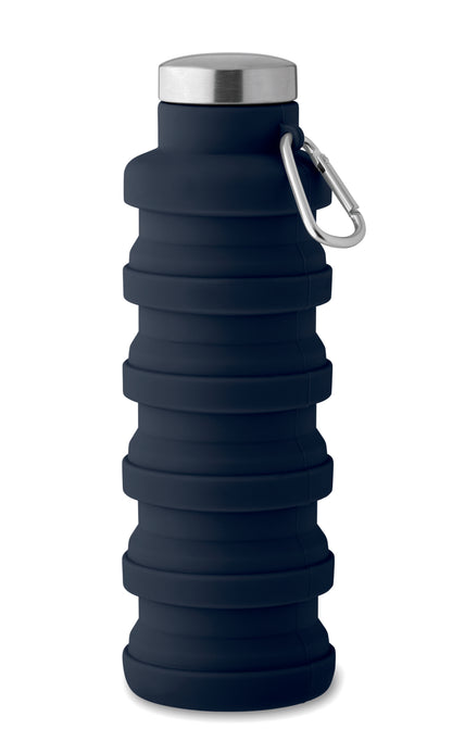 Faltbare Flasche aus Silikon. Verschluss aus Edelstahl und Karabiner aus Aluminium. Der