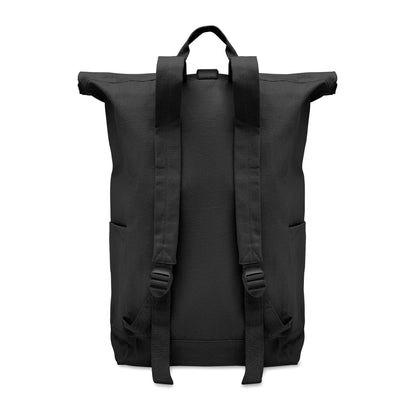 Rolltop-Rucksack mit Klettverschluss aus 390 g/m² (recycelte Baumwolle 80% und recycelter Polyester