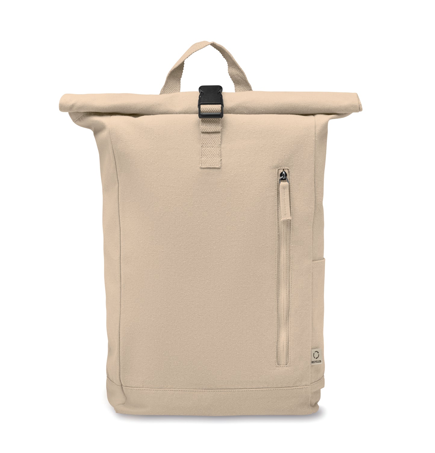 Rolltop-Rucksack mit Klettverschluss aus 390 g/m² (recycelte Baumwolle 80% und recycelter Polyester