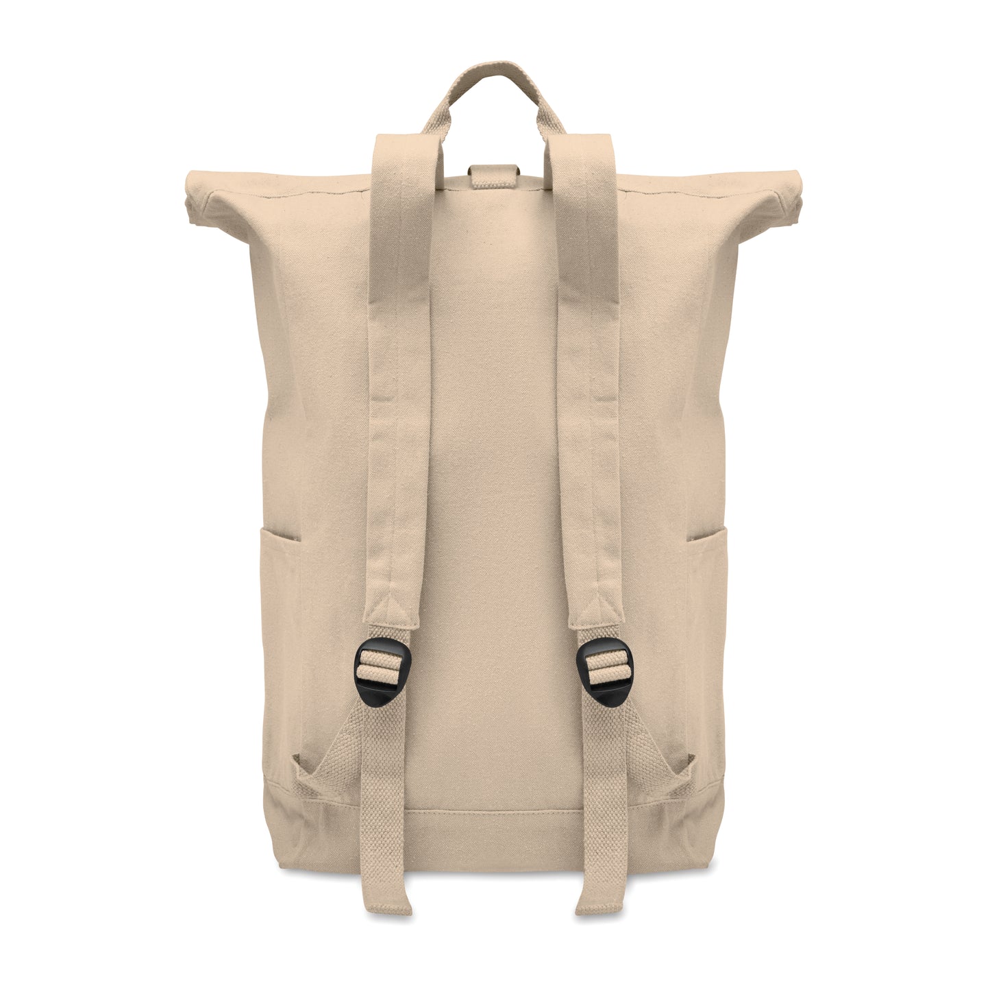 Rolltop-Rucksack mit Klettverschluss aus 390 g/m² (recycelte Baumwolle 80% und recycelter Polyester