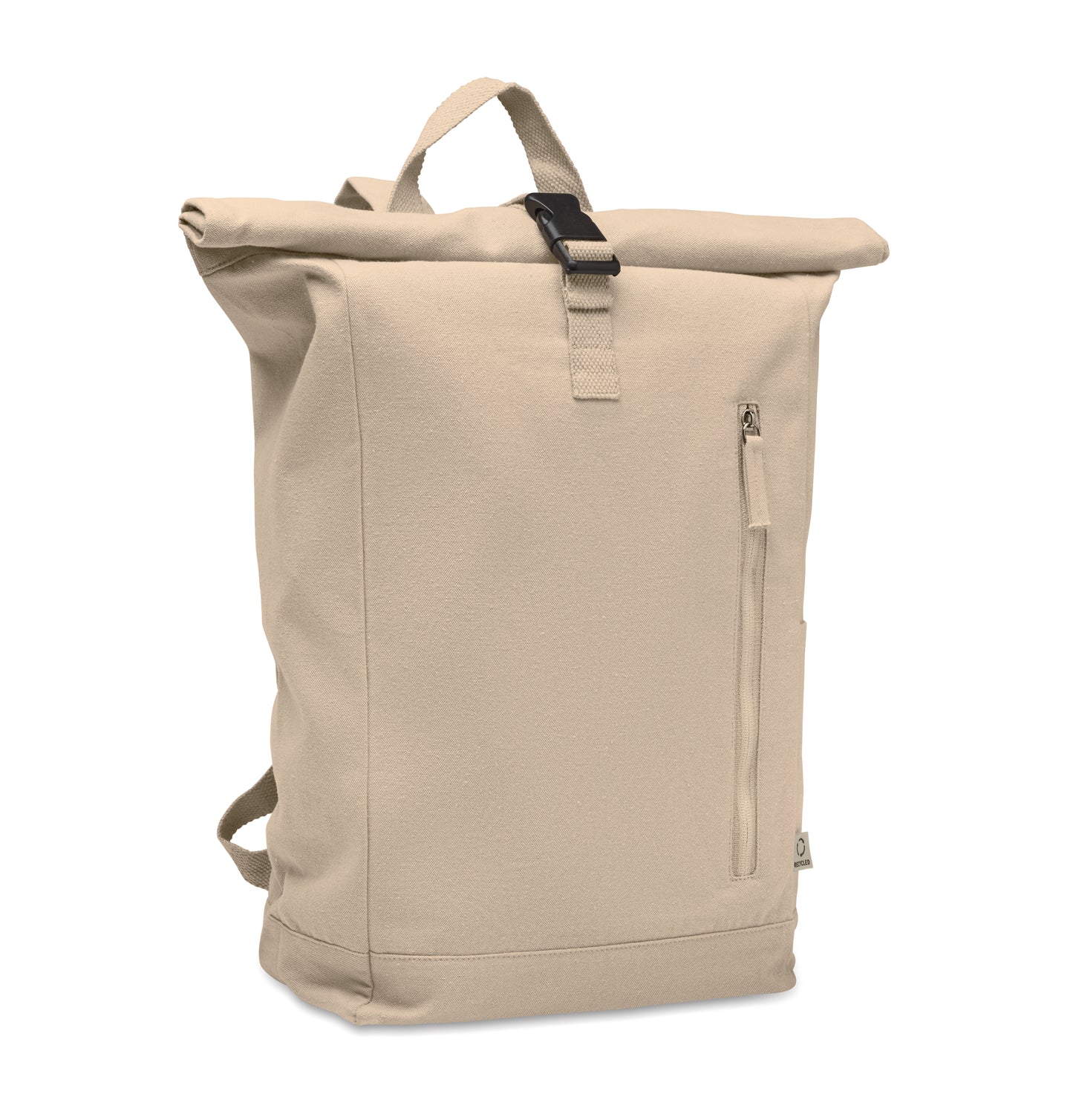 Rolltop-Rucksack mit Klettverschluss aus 390 g/m² (recycelte Baumwolle 80% und recycelter Polyester