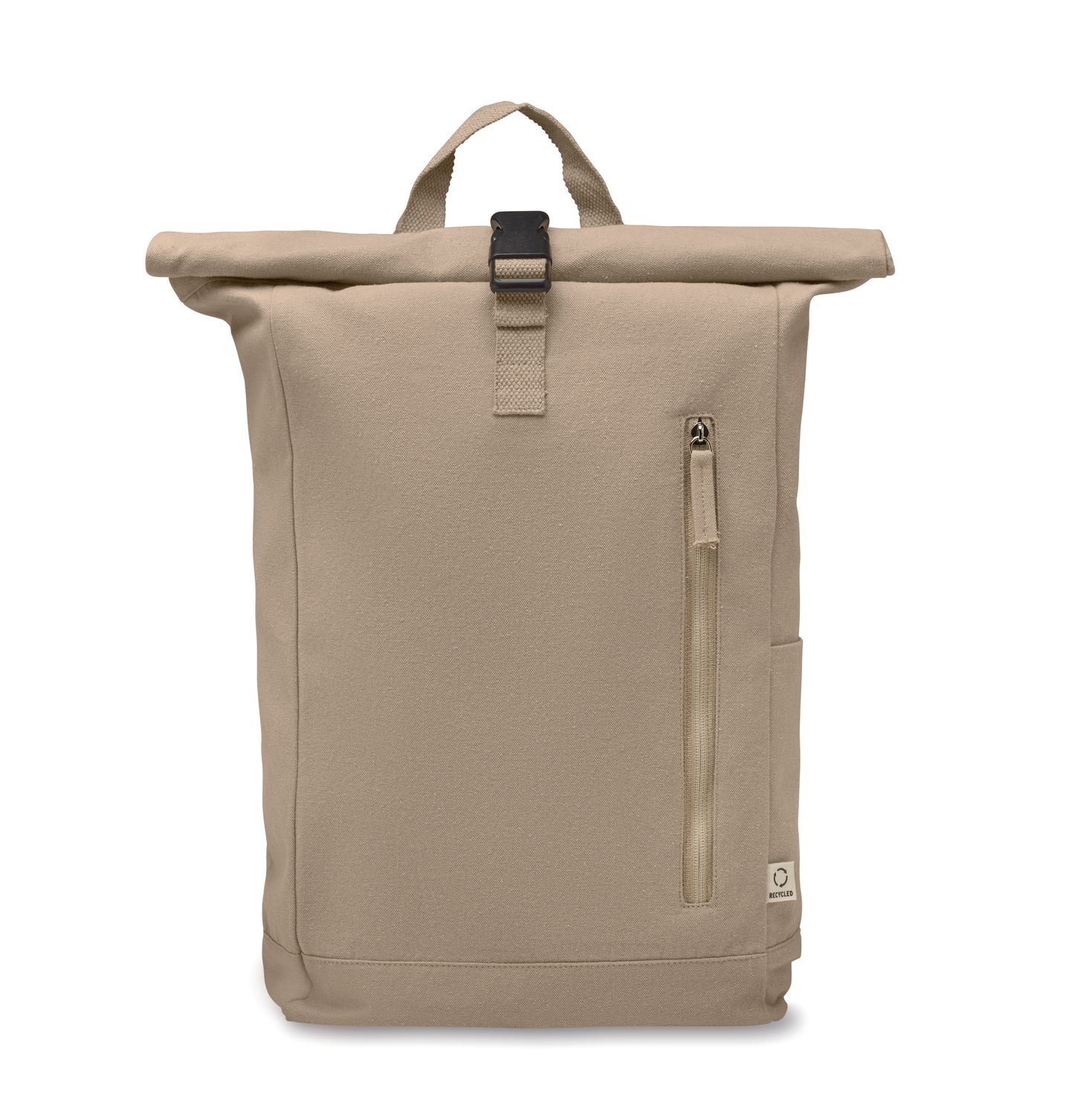 Rolltop-Rucksack mit Klettverschluss aus 390 g/m² (recycelte Baumwolle 80% und recycelter Polyester