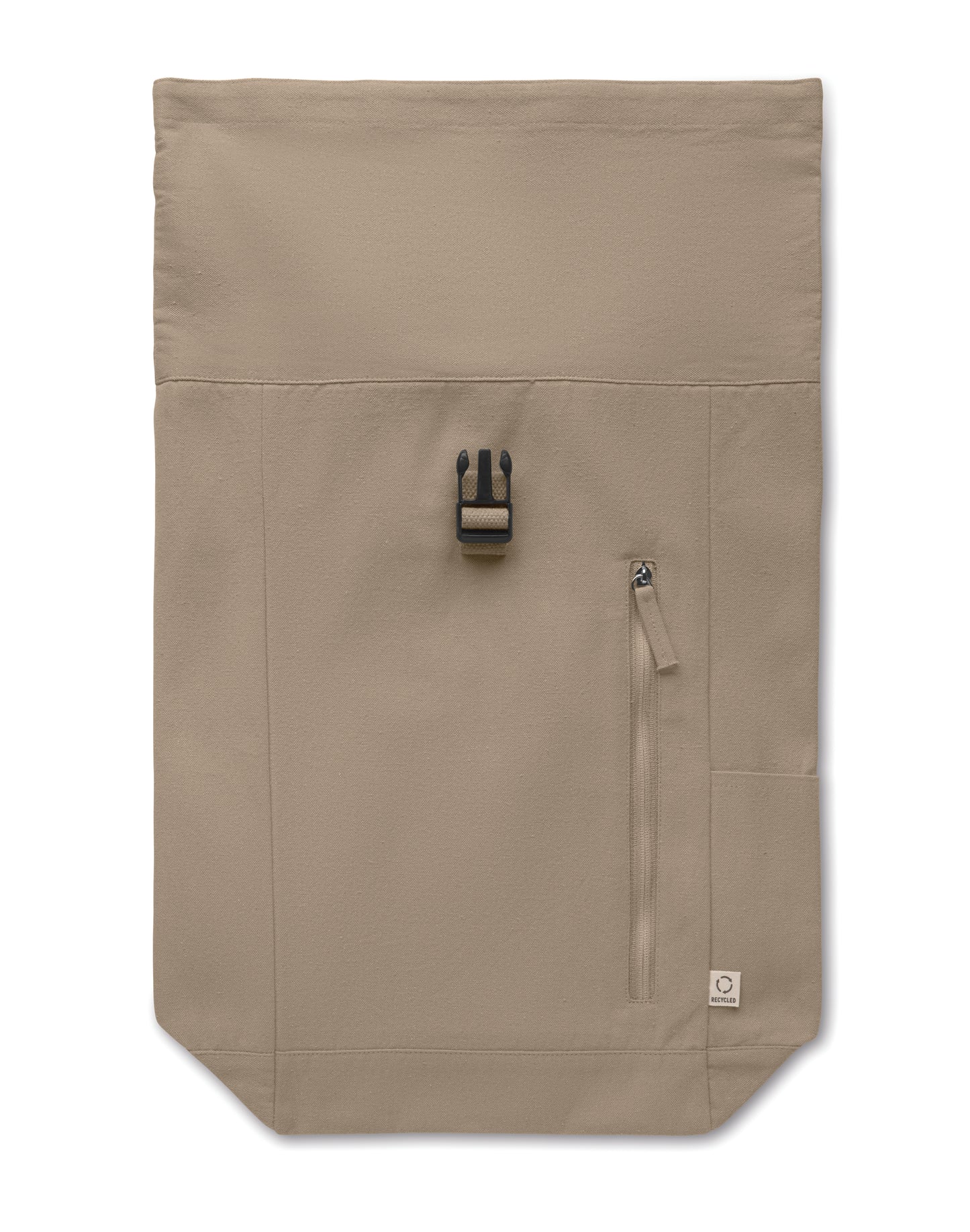 Rolltop-Rucksack mit Klettverschluss aus 390 g/m² (recycelte Baumwolle 80% und recycelter Polyester