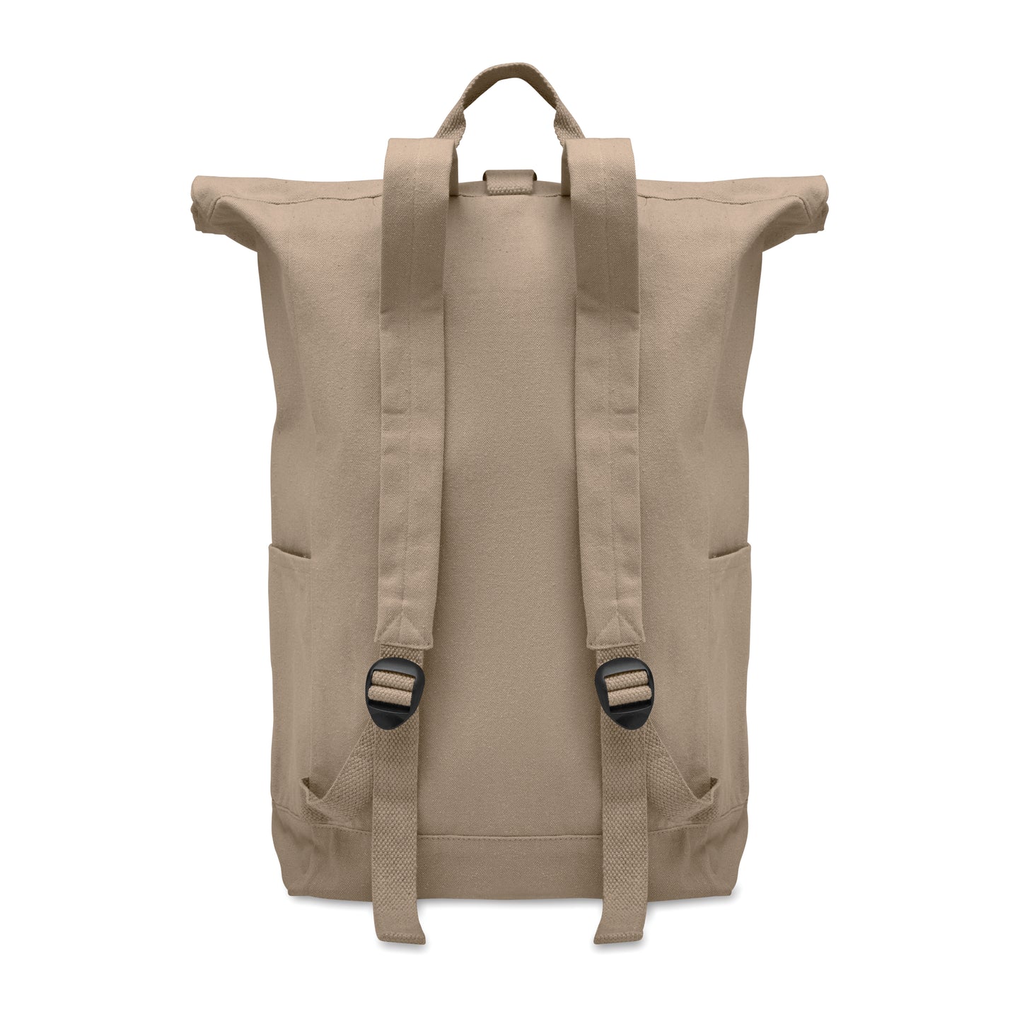 Rolltop-Rucksack mit Klettverschluss aus 390 g/m² (recycelte Baumwolle 80% und recycelter Polyester