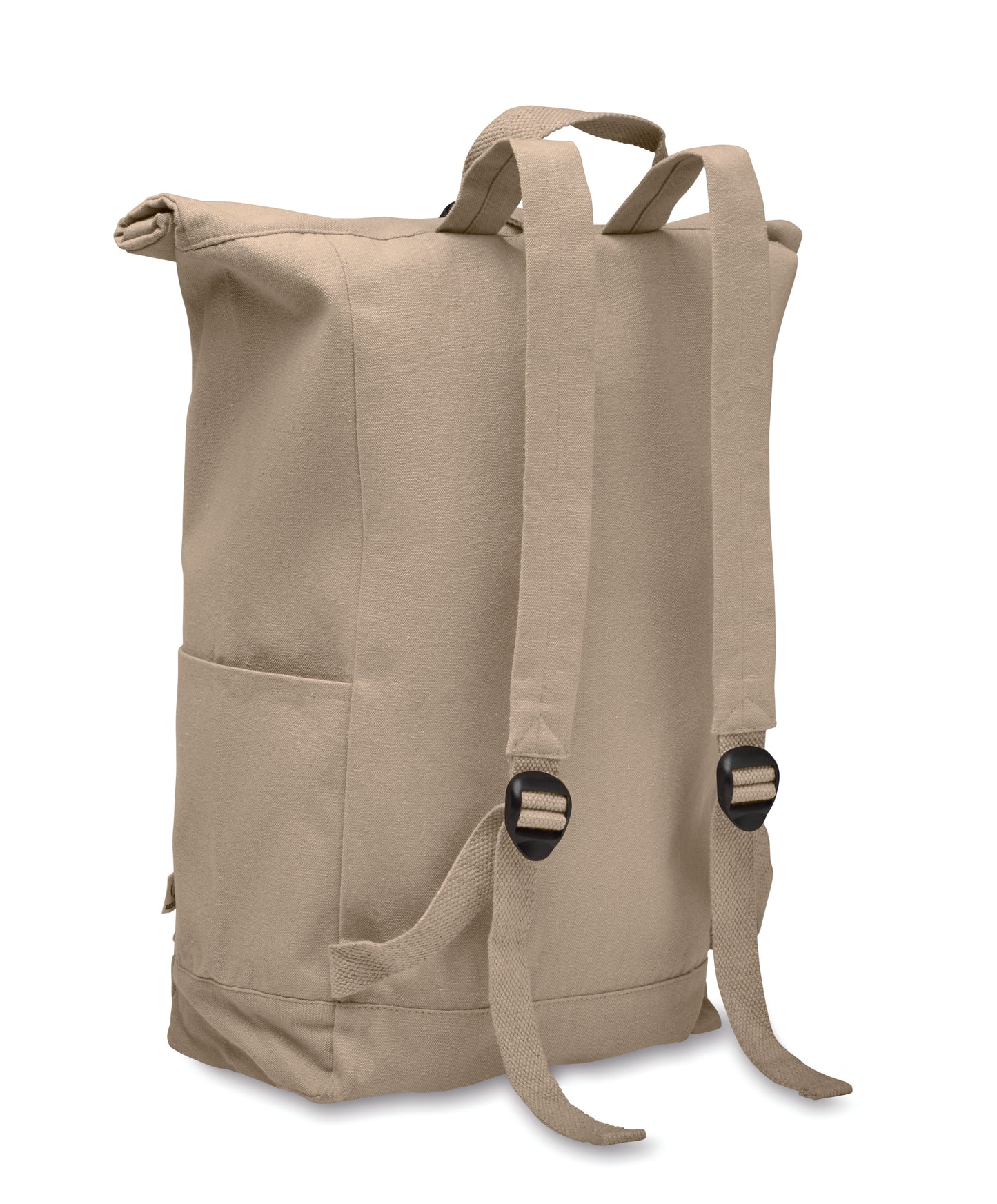 Rolltop-Rucksack mit Klettverschluss aus 390 g/m² (recycelte Baumwolle 80% und recycelter Polyester