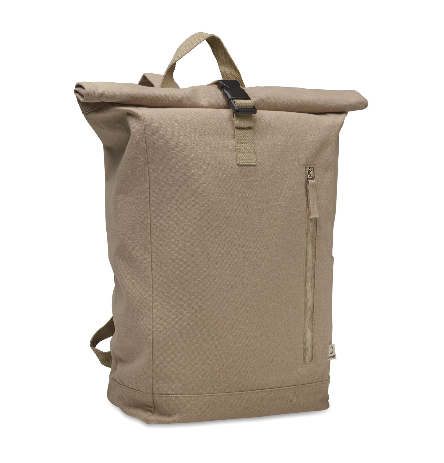 Rolltop-Rucksack mit Klettverschluss aus 390 g/m² (recycelte Baumwolle 80% und recycelter Polyester