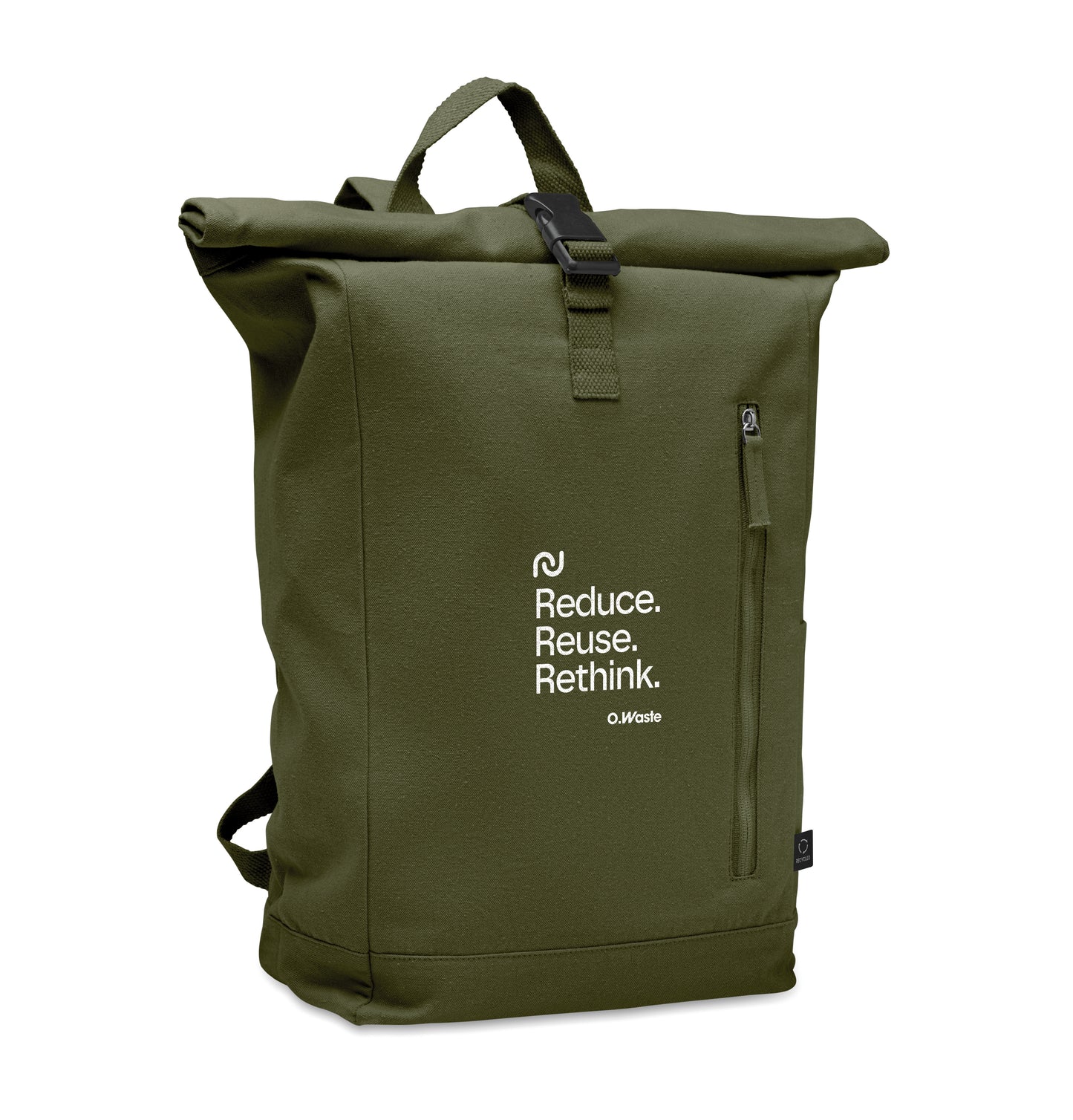 Rolltop-Rucksack mit Klettverschluss aus 390 g/m² (recycelte Baumwolle 80% und recycelter Polyester