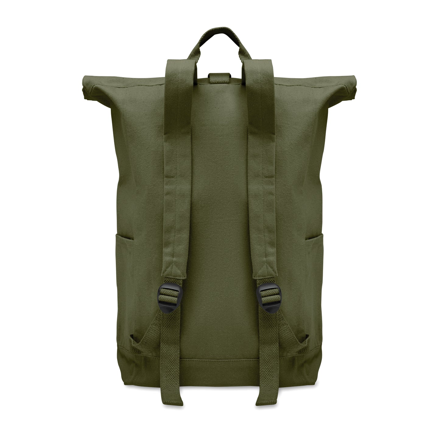 Rolltop-Rucksack mit Klettverschluss aus 390 g/m² (recycelte Baumwolle 80% und recycelter Polyester