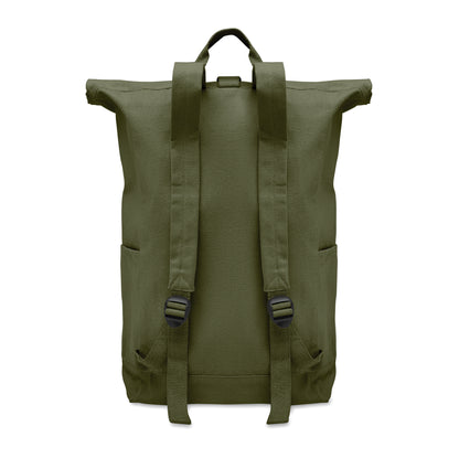 Rolltop-Rucksack mit Klettverschluss aus 390 g/m² (recycelte Baumwolle 80% und recycelter Polyester