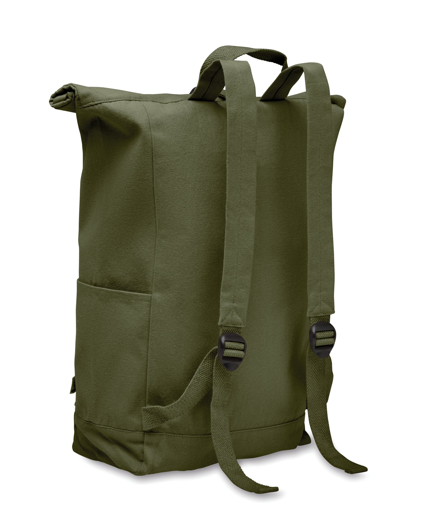 Rolltop-Rucksack mit Klettverschluss aus 390 g/m² (recycelte Baumwolle 80% und recycelter Polyester