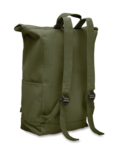 Rolltop-Rucksack mit Klettverschluss aus 390 g/m² (recycelte Baumwolle 80% und recycelter Polyester